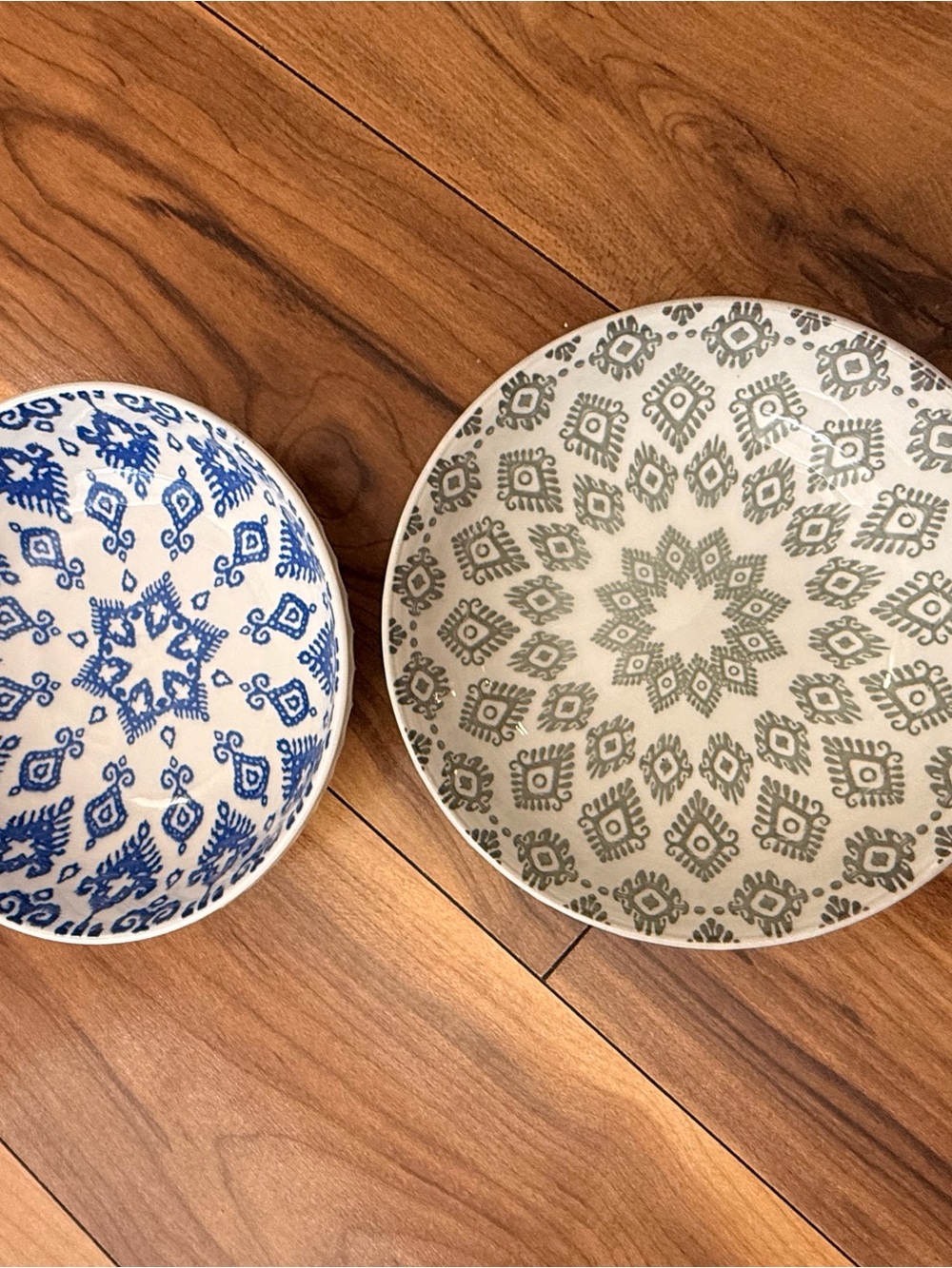 Pair of Patterned Signature Ceramic Serving Bowls in Blue and Gray